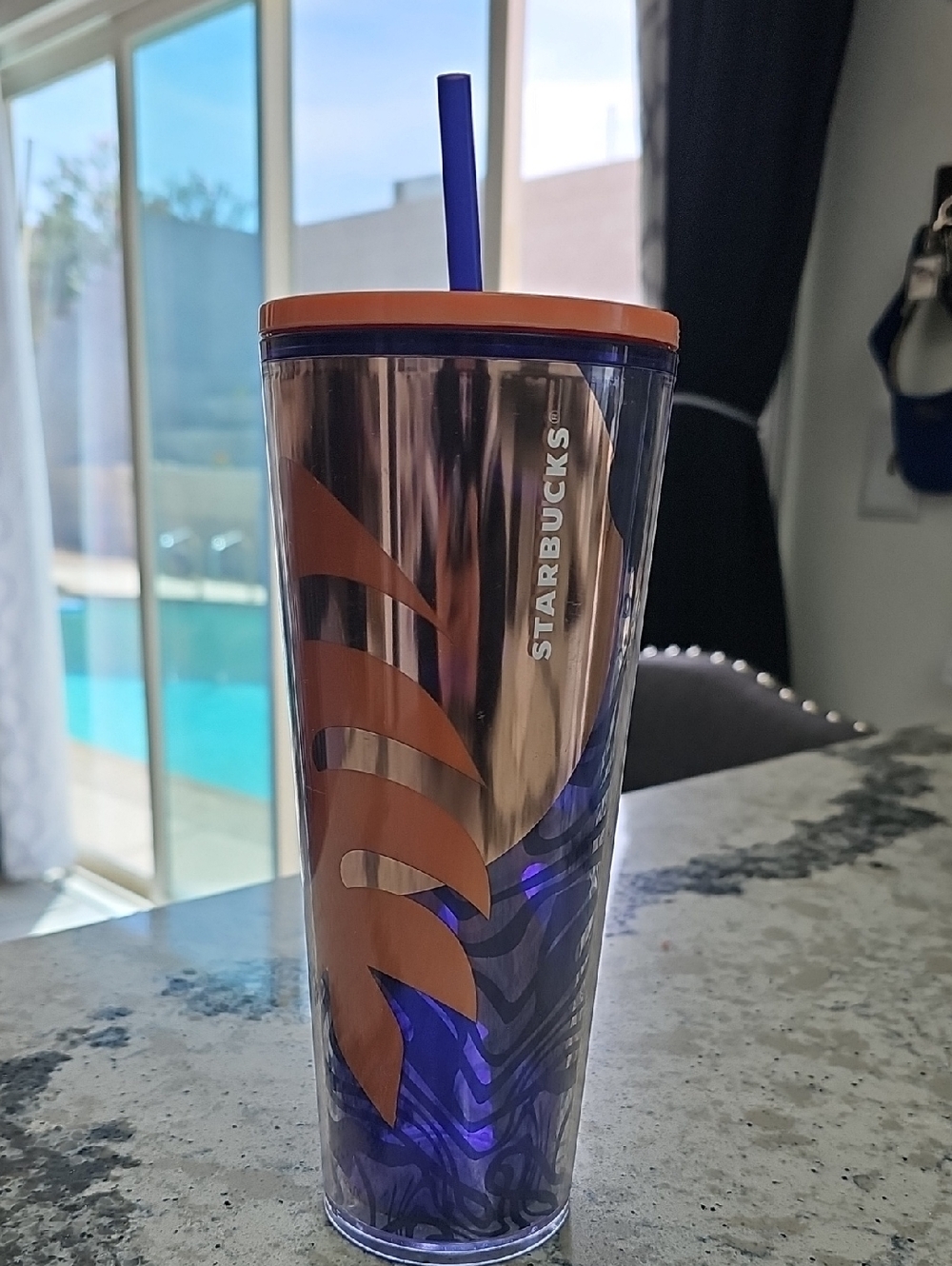 Starbucks Purple Tumbler with Orange Leaf Design and Straw